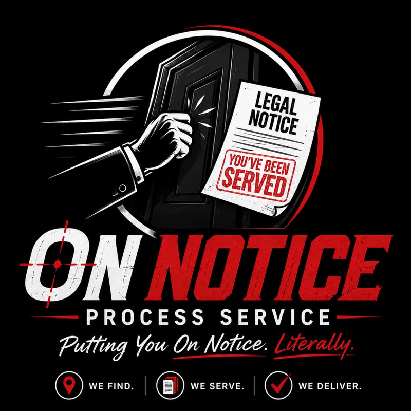 On Notice — process service. A fist knocking on a door delivering a legal notice stamped You've Been Served.